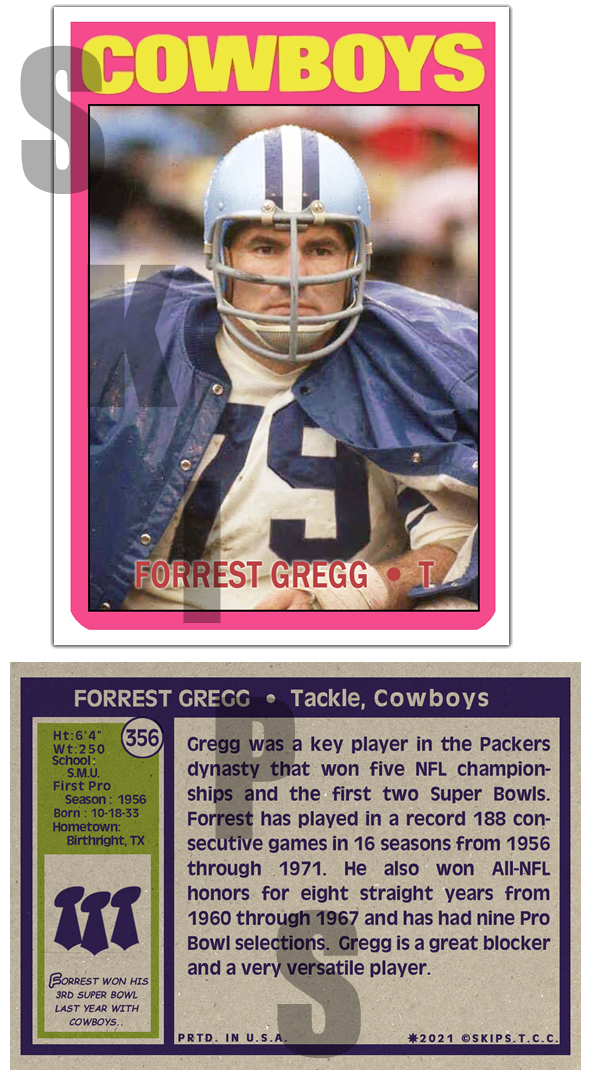 1972 STCC #356 Forrest Gregg Topps Dallas Cowboys Custom HOF